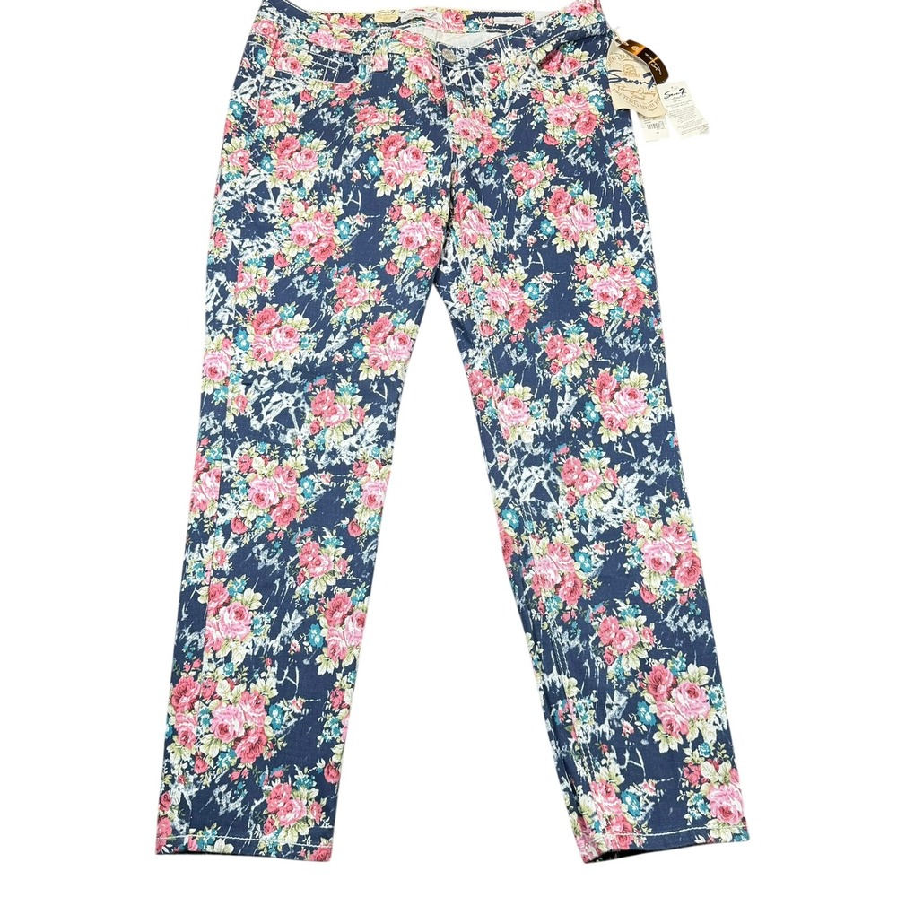 Seven7 Luxe Skinny Jeans Womens‎ 16 Blue Floral Rose Print Stretch Casual Pants